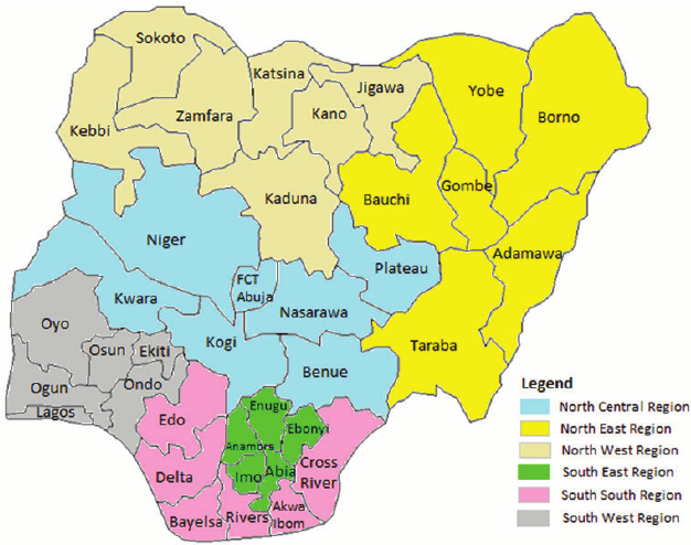 Map of Nigeria's 36 states and the FCT, highlighting the North East region